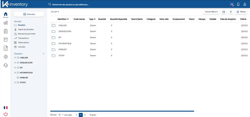 Page d'accueil de la solution de gestion de stocks K inventory