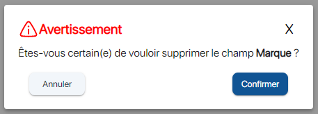 Confirmation de la suppression d'un champs personnalisés dans K inventory logiciel de gestion de stock en ligne