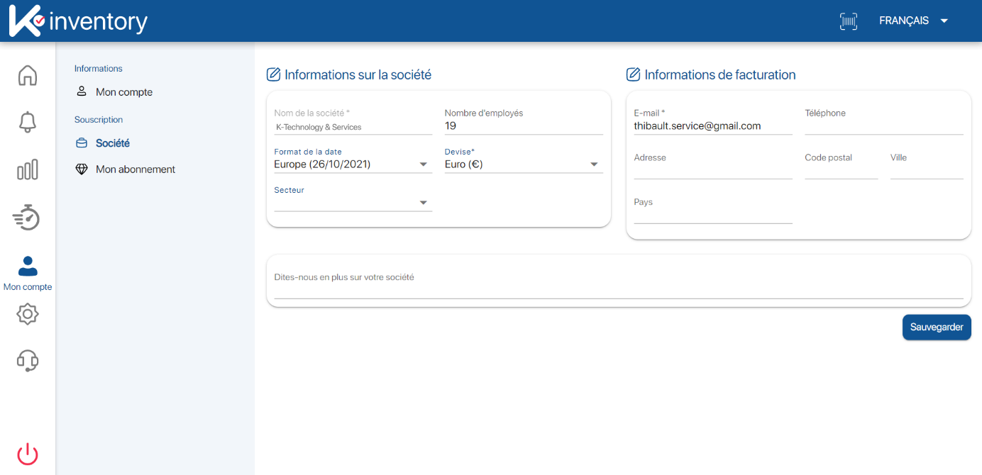 Espace de consultation de Sa société sur K inventory Logiciel de gestion de stock en ligne