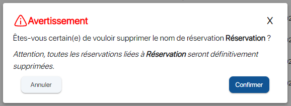 confirmation de la suppression d'un nom de réservation sur K inventory logiciel de gestion de stock