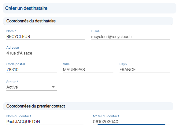 Créer un destinataire d'équipement sur K inventory logiciel de gestion de stock en ligne