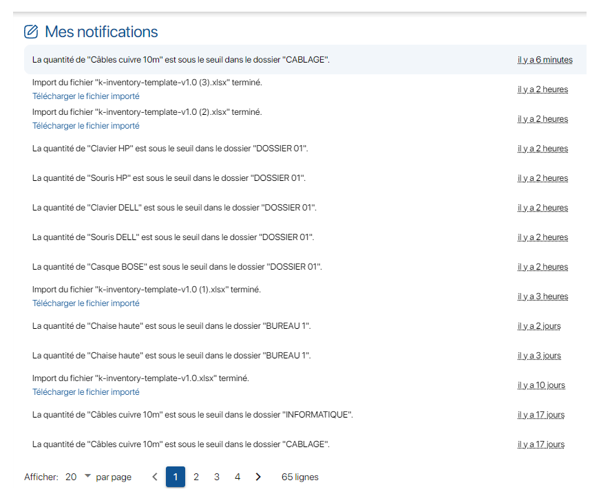 Liste des notifications de la solution d'inventaire K inventory