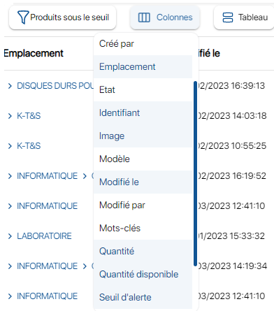 Sélection des colonnes affichées sur le Logiciel de gestion de stock K inventory