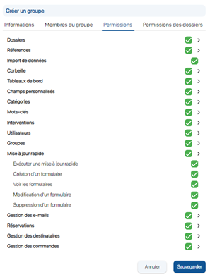 Sélectionner les permissions sur les fonctionnalités de K inventory logiciel de gestion de stock en ligne