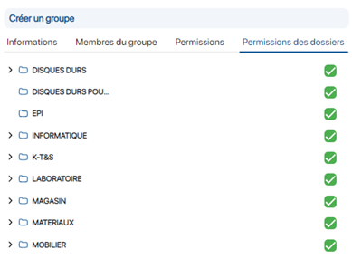 Sélectionner les permissions d'accès aux dossiers et localisations sur K inventory logiciel de gestion de stock en ligne