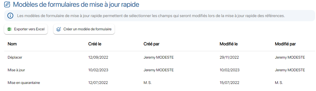 Liste des formulaires de mise à jour rapide sur K inventory plateforme de gestion de stock