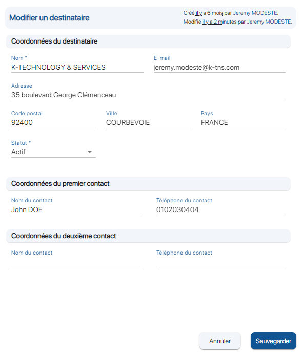 Modifier la fiche d'un destinataire sur K inventory logiciel d’inventaire