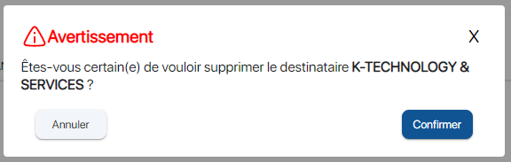 Confirmation de la suppression du destinataire sur K inventory plateforme de gestion de stock