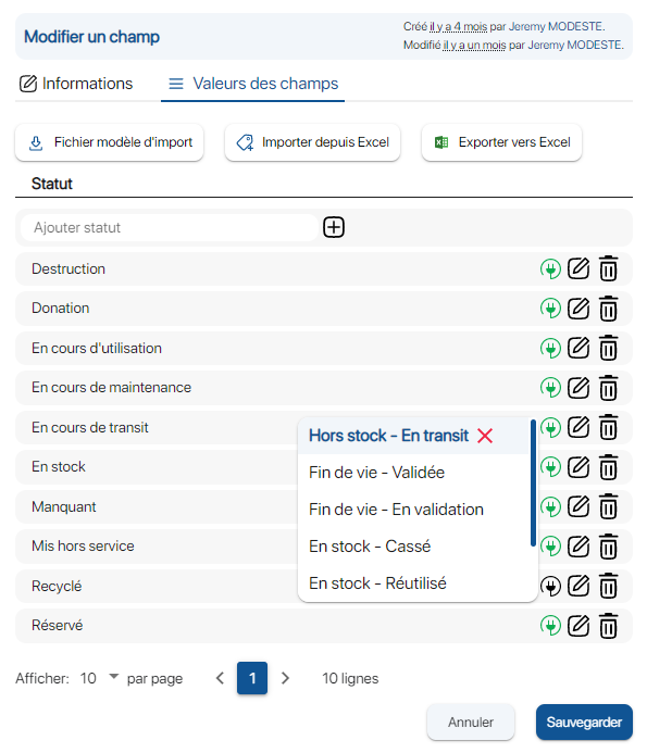 Associer des valeurs avec des statuts K inventory plateforme de gestion de stock