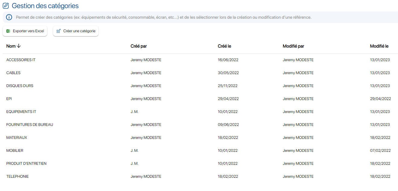 Liste des catégories personnalisées sur K inventory plateforme de gestion de stock