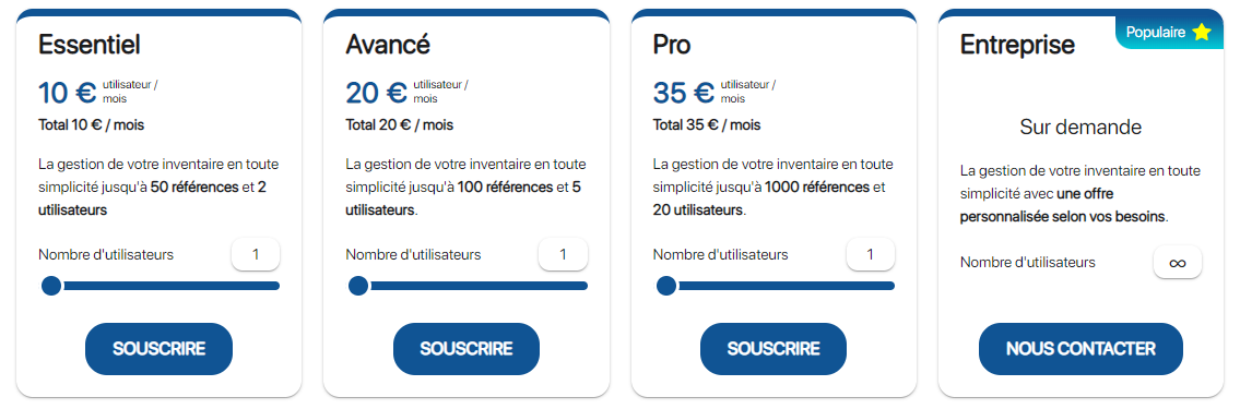 Liste des abonnements disponibles sur le logiciel de gestion de stocks K inventory 