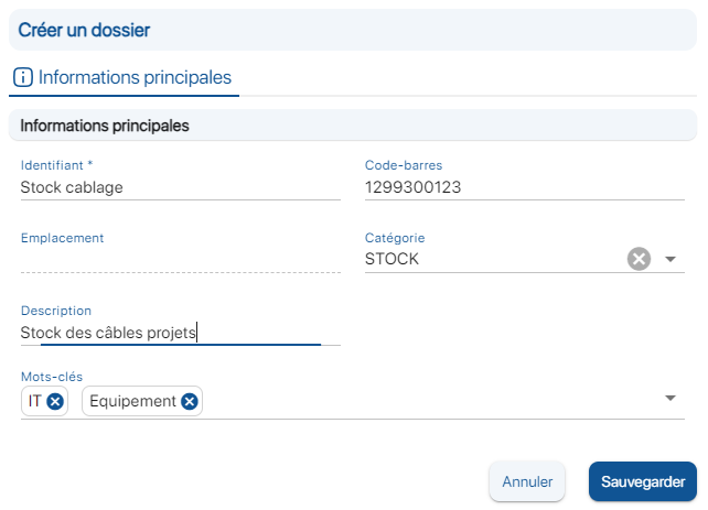 Fiche de création d'un dossier sur l'application de gestion de stocks en ligne K inventory