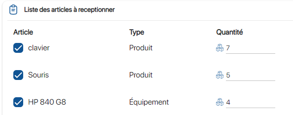 Choisir les articles à recevoir sur K inventory logiciel de gestion de stock en ligne