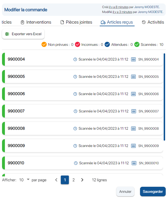 Consulter la liste des articles reçus sur l'application de gestion de stock K inventory