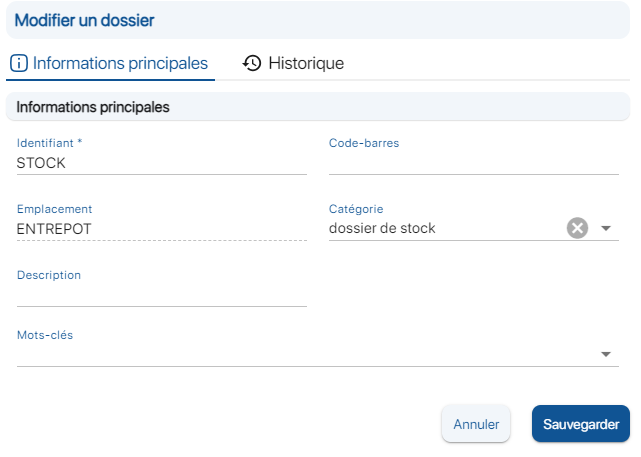 catégorie de stock ajoutée à un dossier