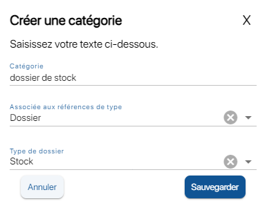 Ecran de création d'un dossier de stock