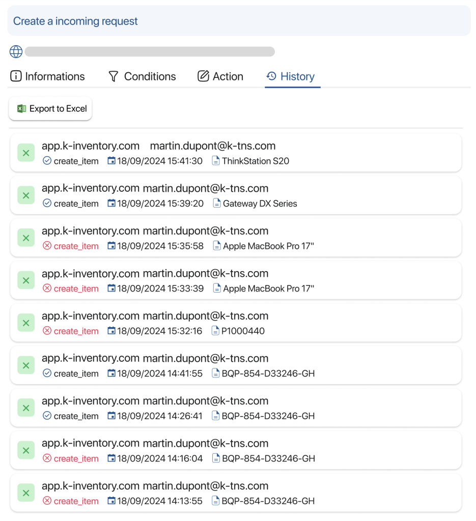 history of incoming api requests k inventory