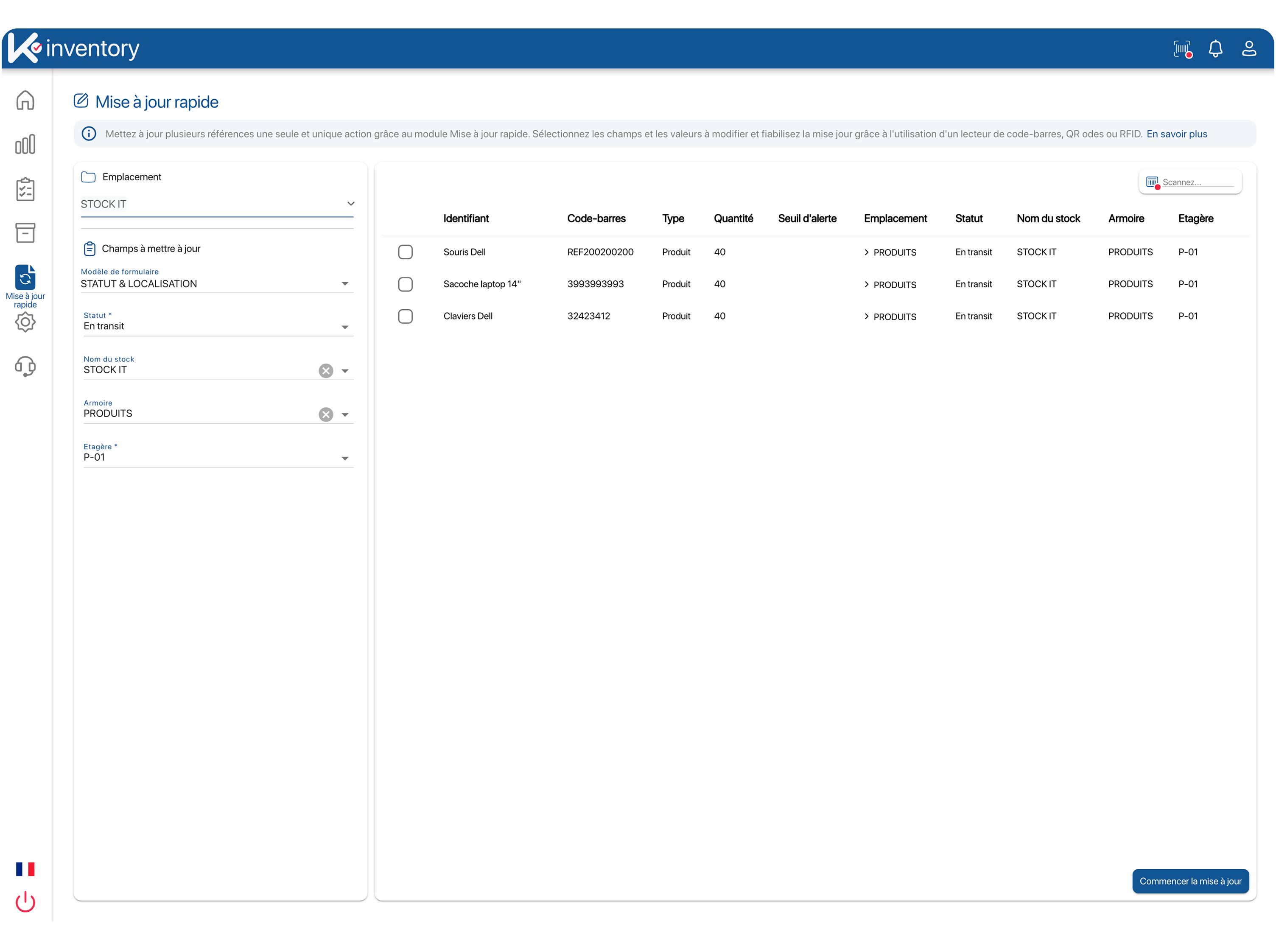 La mise à jour de données en masse est très simple et intuitive avec k inventory. Elle est entièrement personnalisable et permet de mettre à jour toutes les données souhaitée.